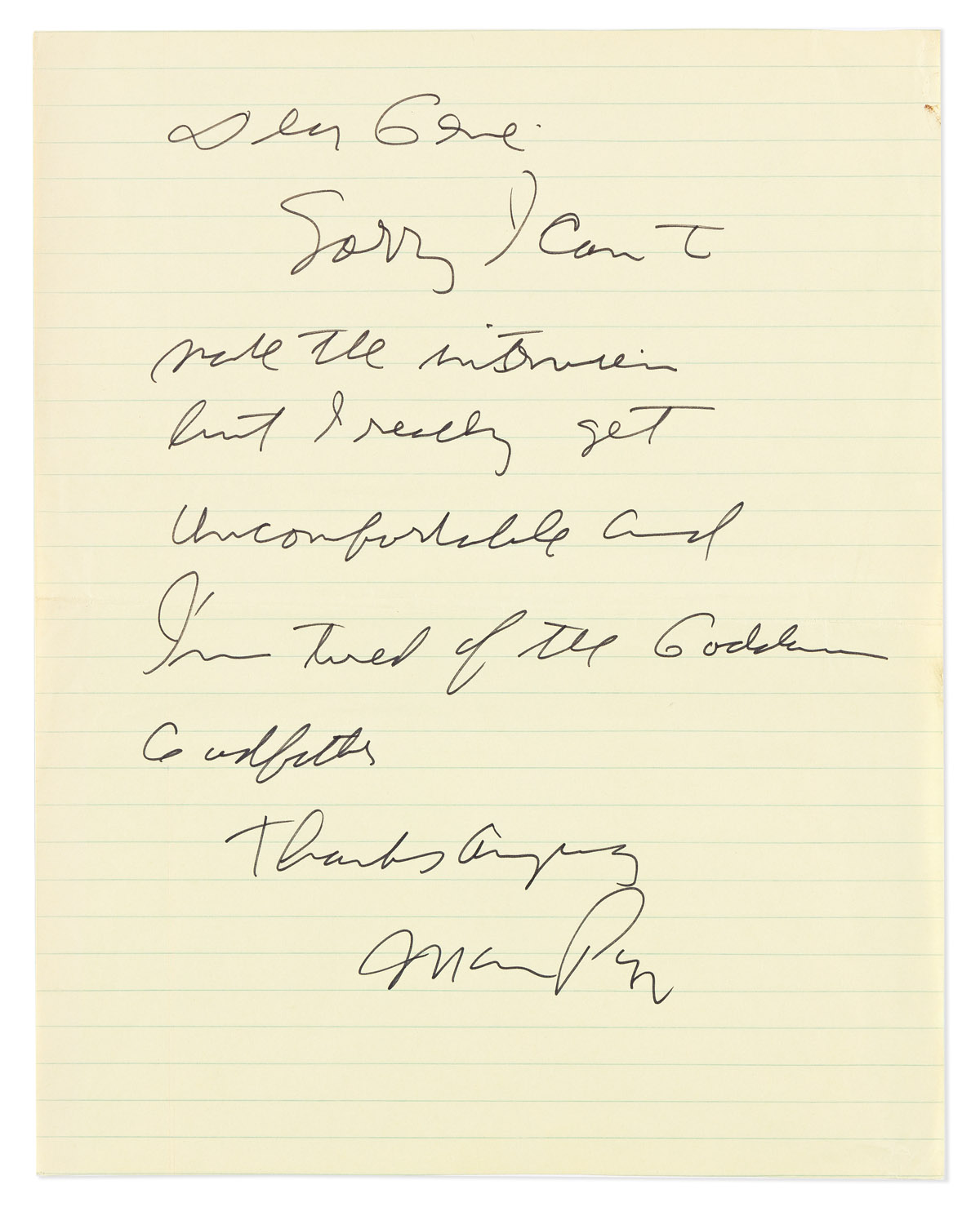 PUZO, MARIO. Brief Autograph Letter Signed, to Dear Gene: